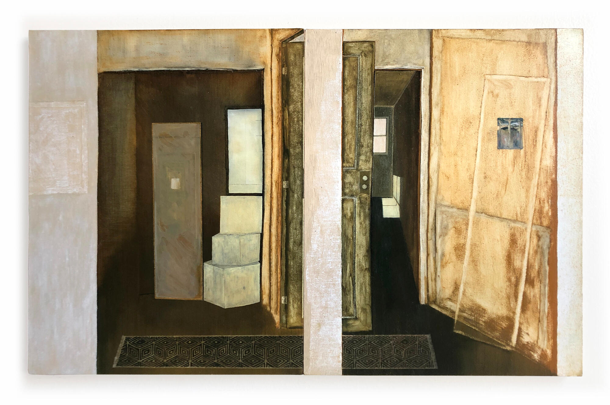 Wittgenstein&#39;s House. 2021. Oil paint on wood panels. 14 x 22 inches.