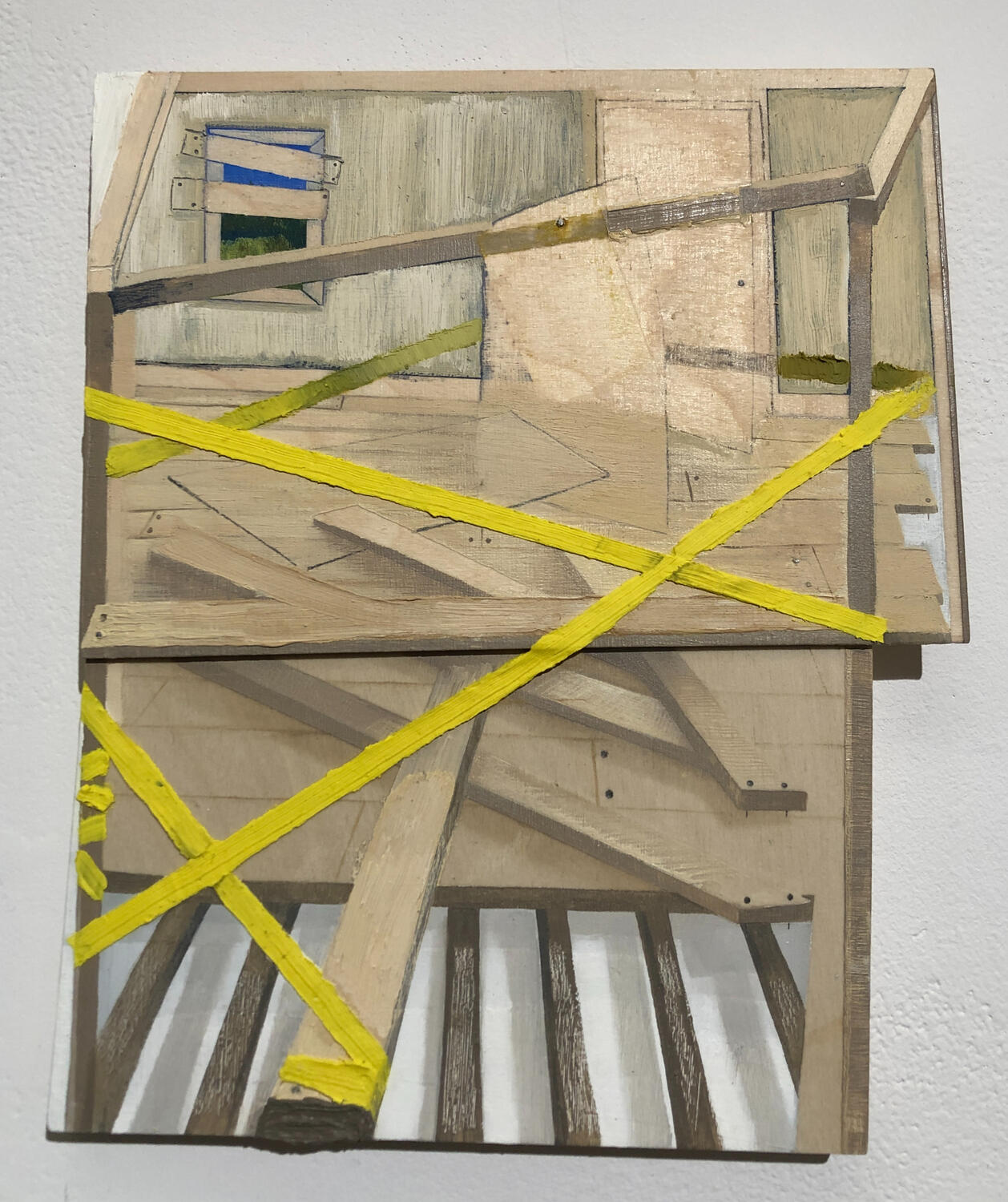 Caution. 2022. Oil paint and graphite on wood panels. 11 x 9 inches.