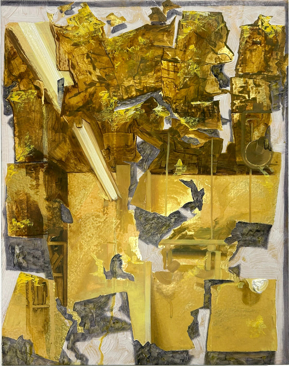 Studio Reflected in Gold Mirror 2, 2024, Oil paint and 18k gold on panel, 14 x 11&quot;
