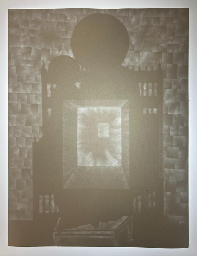 After Anonymous, 2024, carved paper and light, 16 x 12 inches