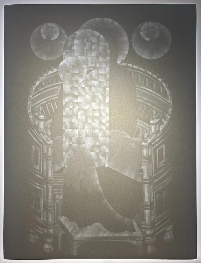 After Byzantium, 2024, carved paper and light, 16 x 12 inches