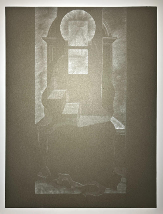 After Crivelli, 2024, carved paper and light, 16 x 12 inches