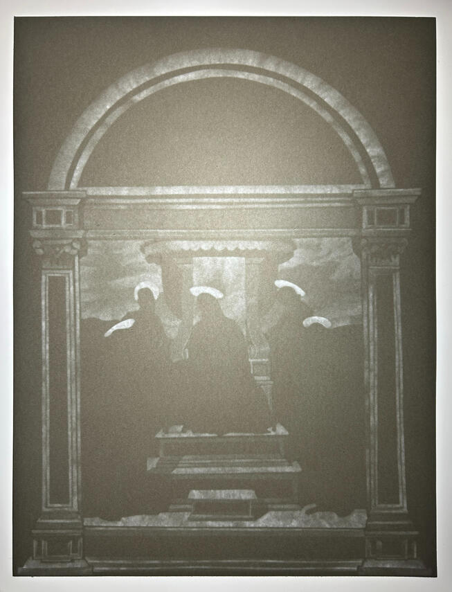 After Raphael, 2024, carved paper and light, 16 x 12 inches