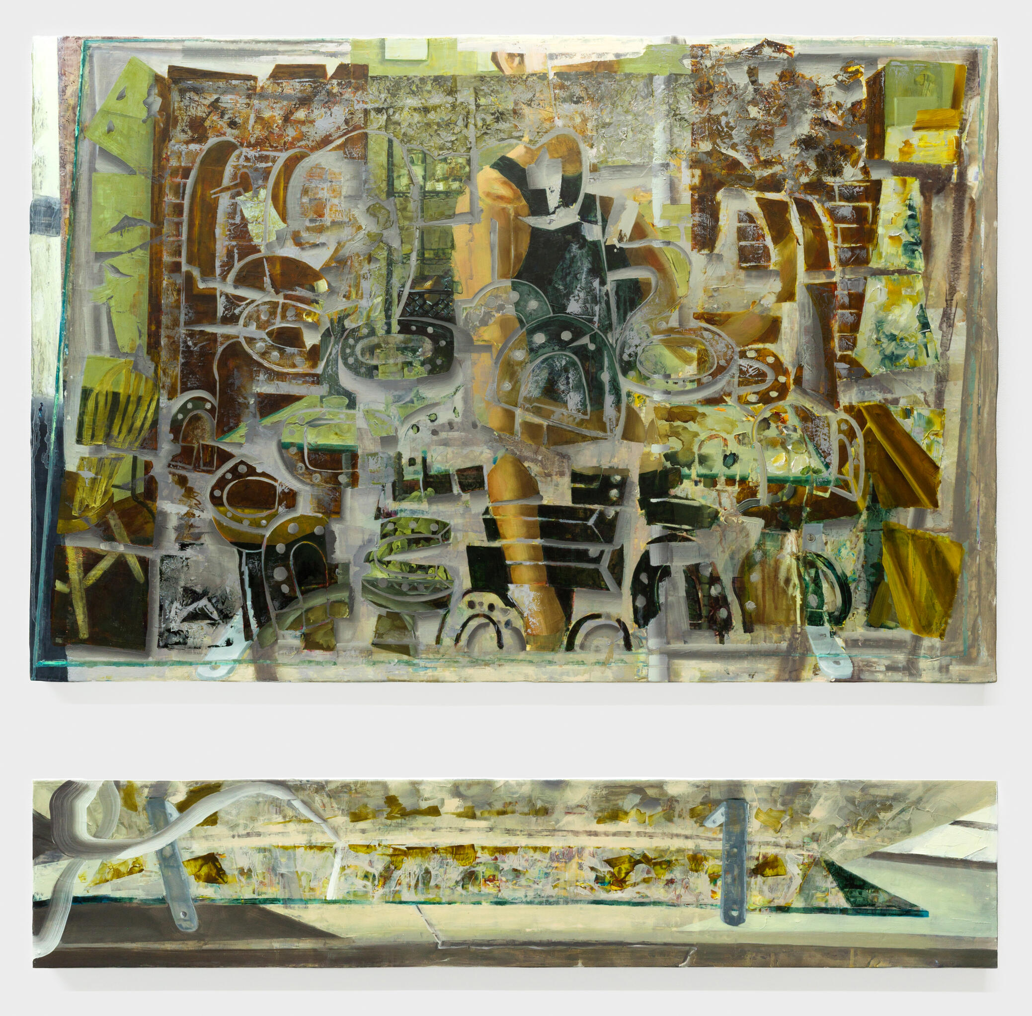 Figured Ground, 2025. Egg tempera, shellac, and oil paint on panels. 31 5/8 x 21 1/8" (top) 31 5/8" x 6 1/8" (bottom).